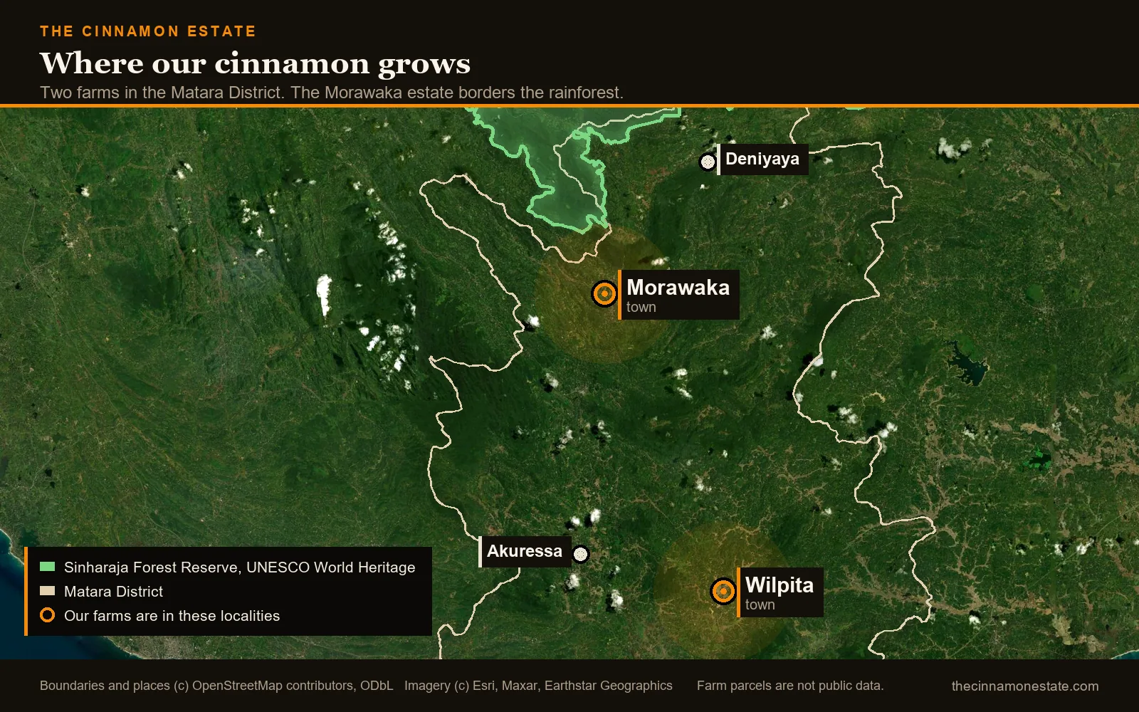 A map of southern Sri Lanka showing our two farms at Wilpita and Morawaka in the Matara District, with the Sinharaja Forest Reserve to the north