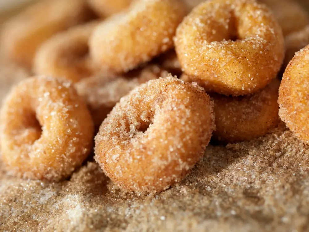 Small cinnamon sugar doughnuts piled on a bed of sugar