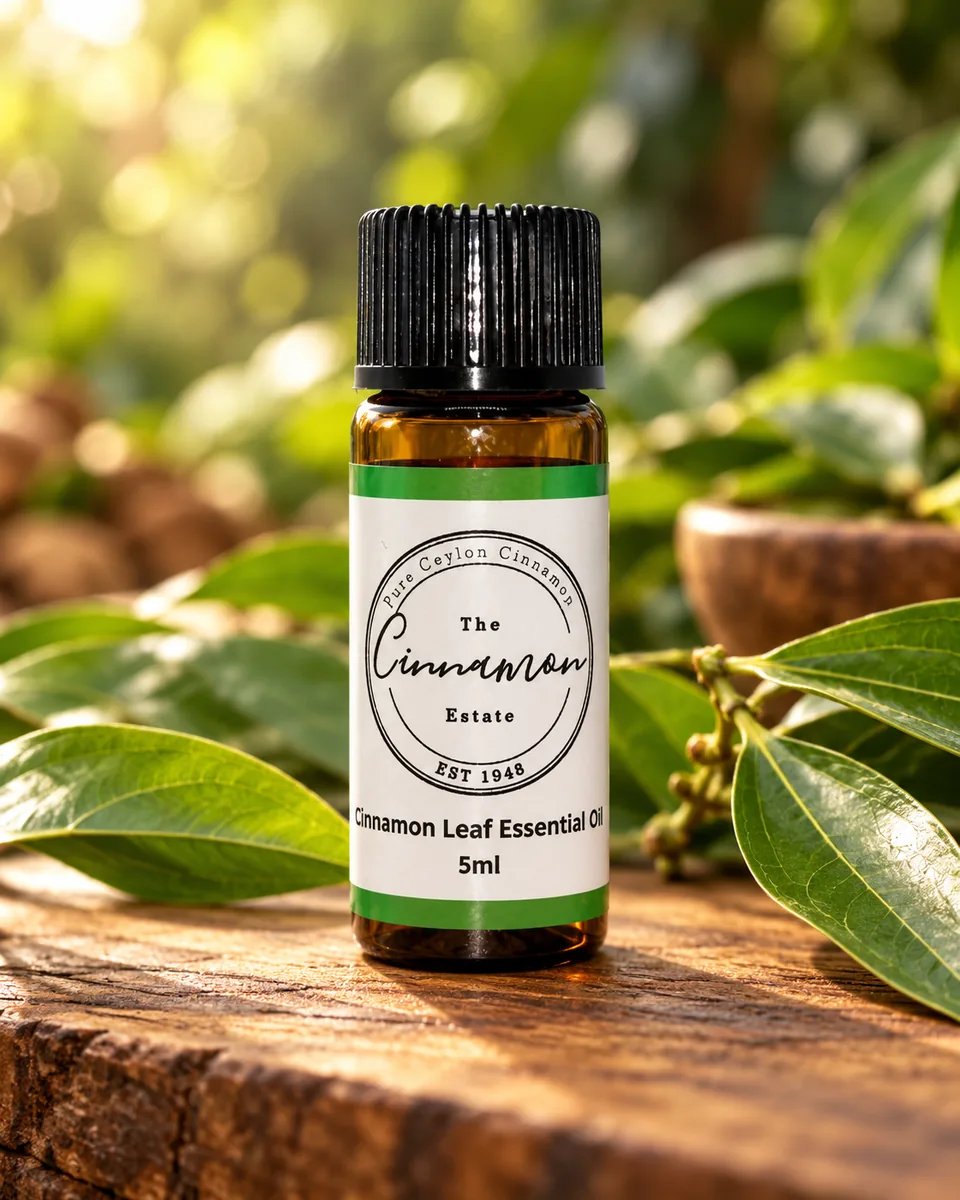 An amber dropper bottle of The Cinnamon Estate cinnamon leaf essential oil, with a green striped label, on a weathered wooden board among glossy green leaves.