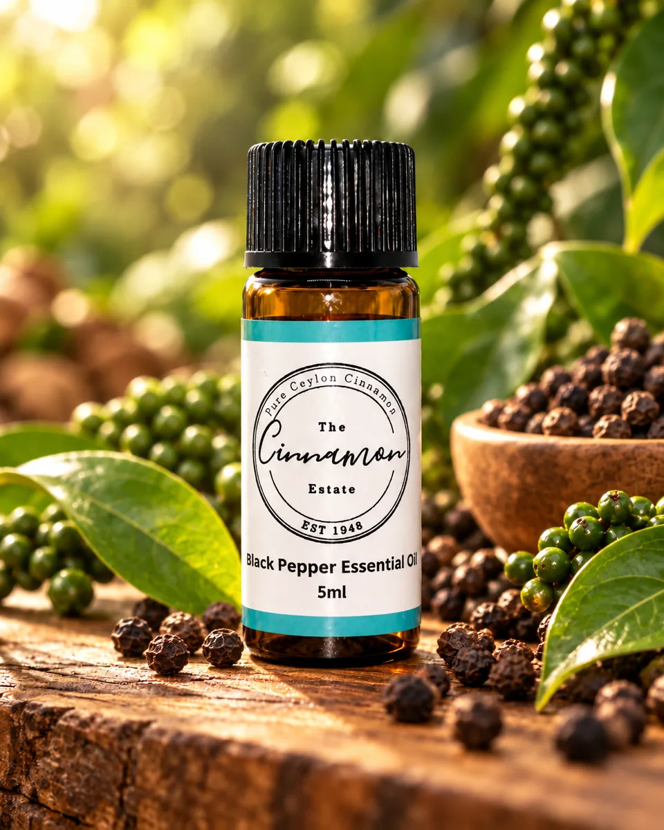An amber dropper bottle of The Cinnamon Estate black pepper essential oil, with a teal striped label, on a weathered wooden board among black and green peppercorns.